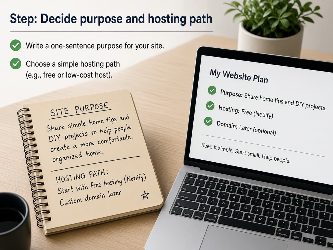 Notebook with site purpose sentence beside a laptop
