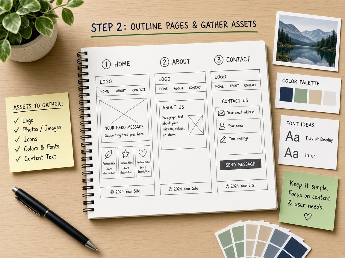 Wireframe sketch of Home About and Contact pages