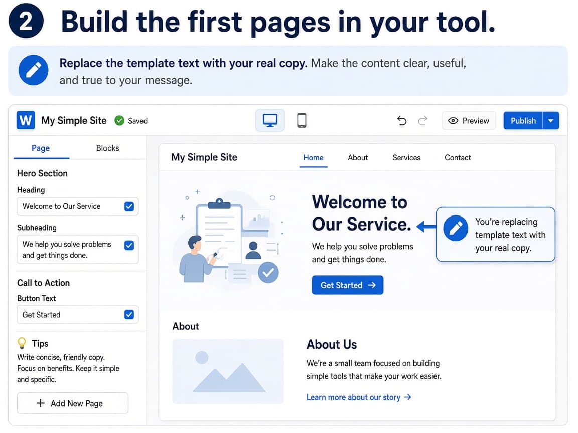 Website editor replacing template text with real copy