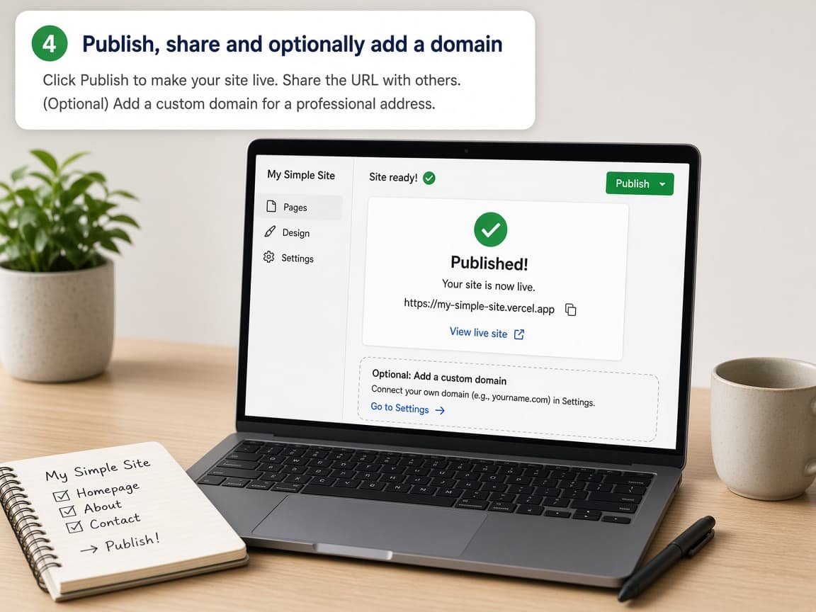 Publish button and live site URL on a laptop screen