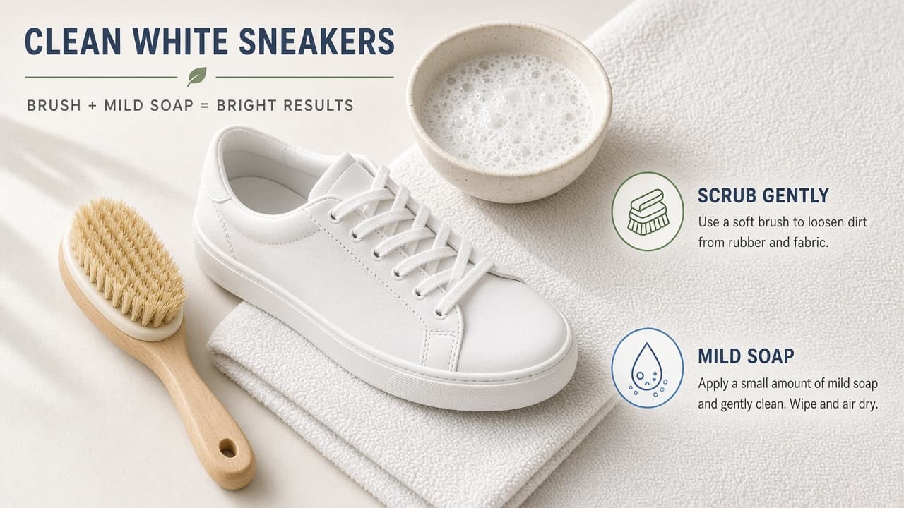 White sneakers beside mild soap soft brush and microfiber cloths on a towel