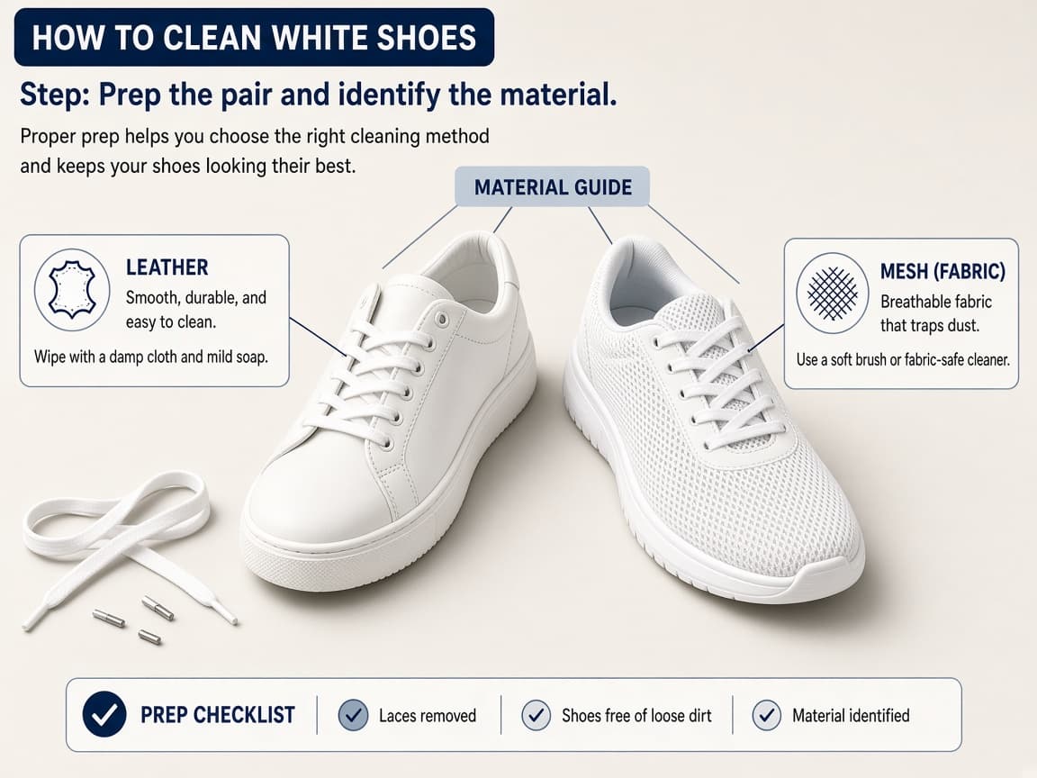 White shoes with laces removed and materials labeled