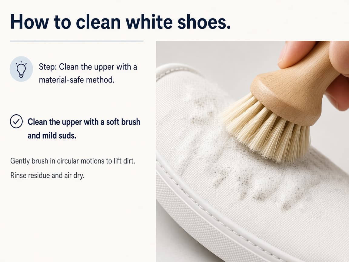 Soft brush cleaning a white canvas upper with mild suds