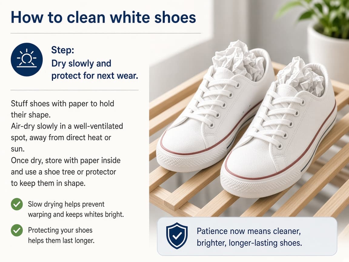 White sneakers stuffed with paper air-drying on a rack