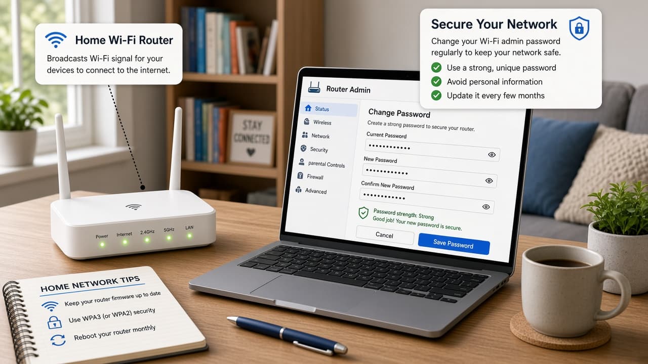Home router with a laptop open to a wireless settings admin page