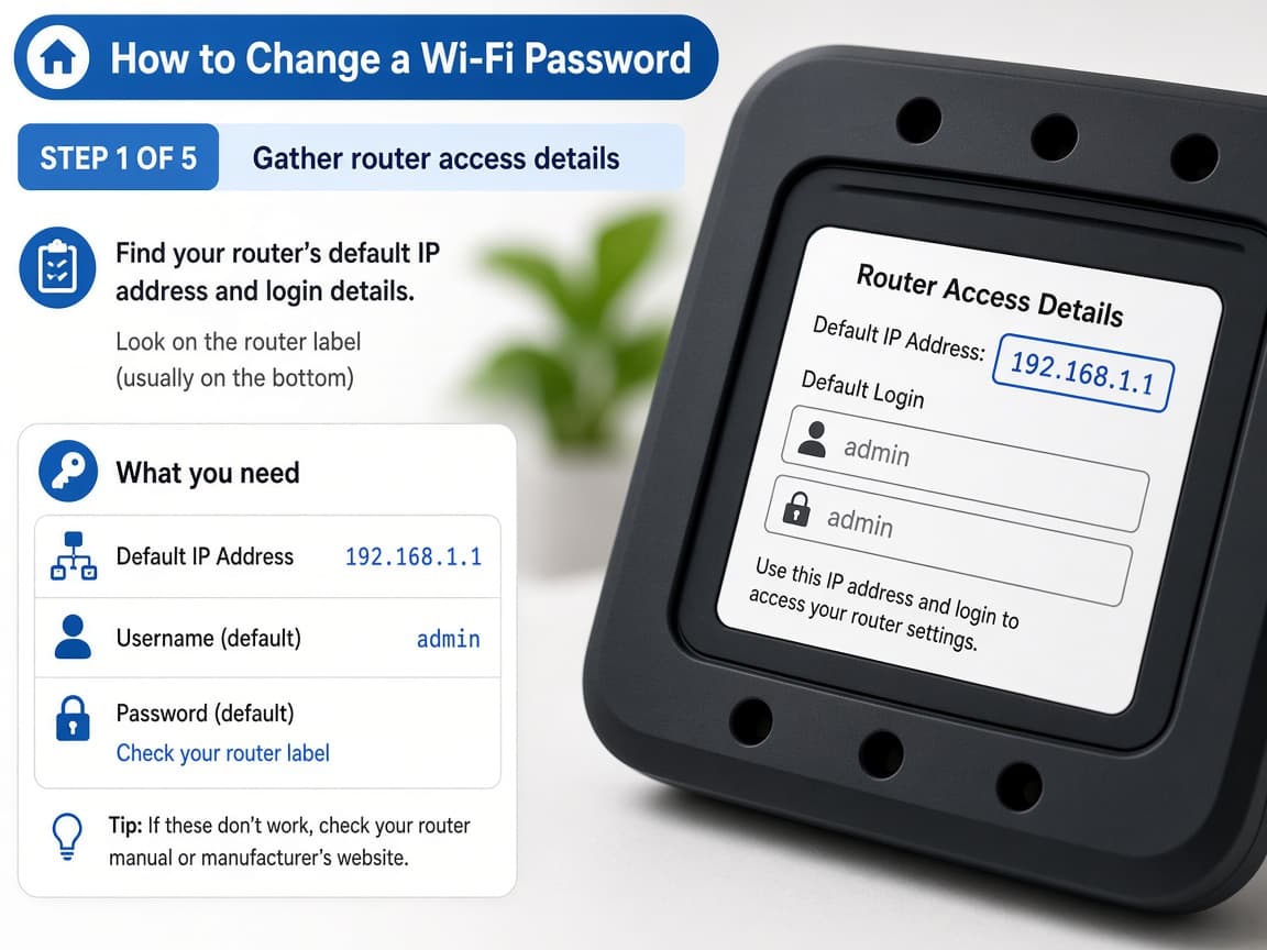 Router underside sticker showing default IP and login fields