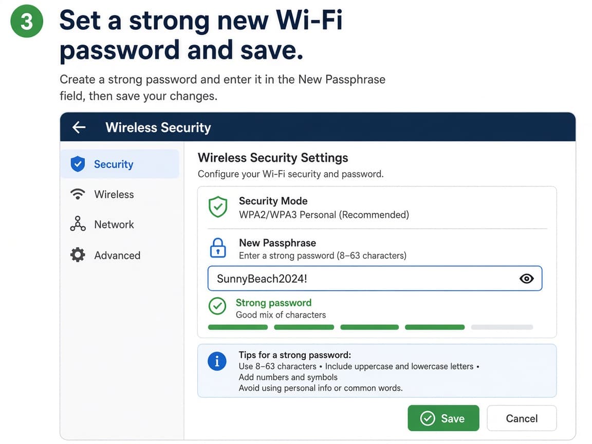 Wireless security settings with a new passphrase field