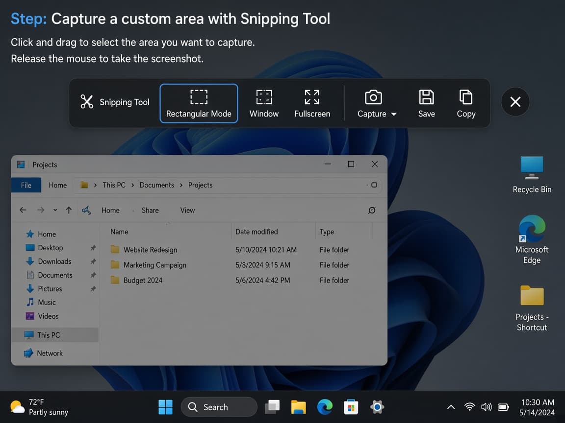 Illustrative Windows desktop dimmed with the Snipping Tool capture toolbar at the top