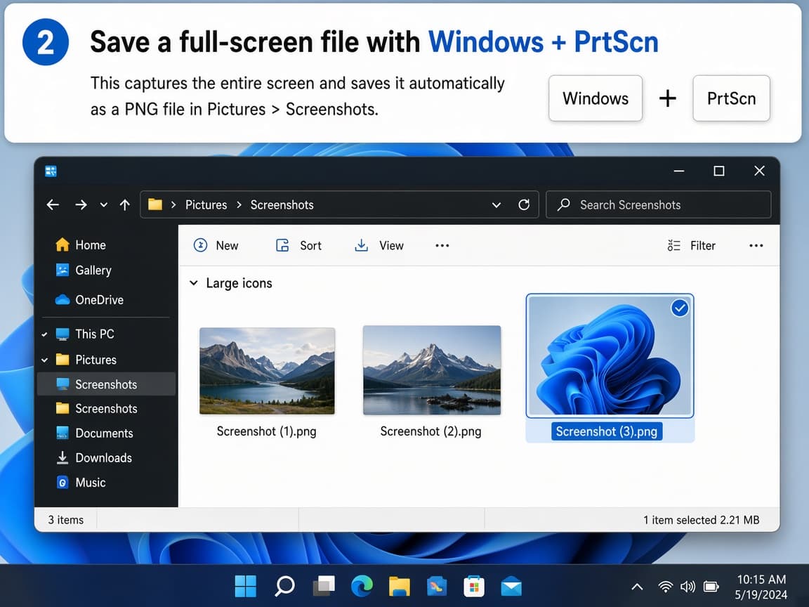 Illustrative File Explorer open to Pictures Screenshots with a new PNG selected
