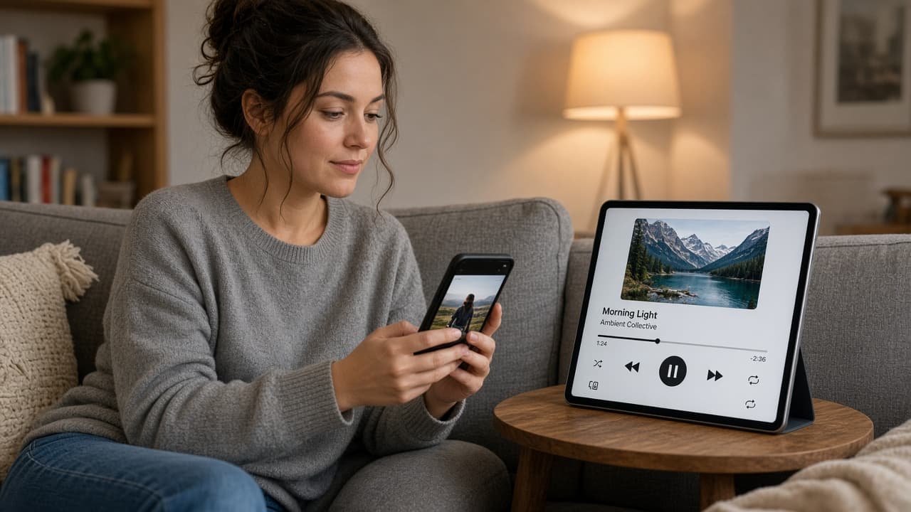 Person watching a Short on a phone and music on a tablet
