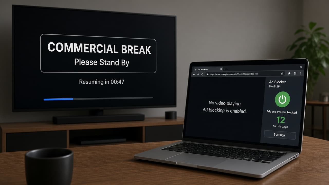 Smart TV YouTube app still showing an ad beside a laptop with a blocker
