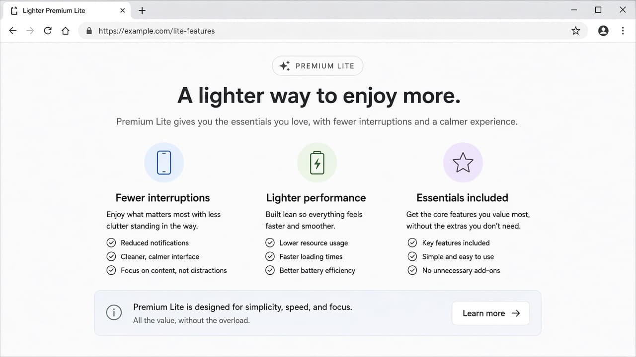 Premium Lite feature list open in a browser