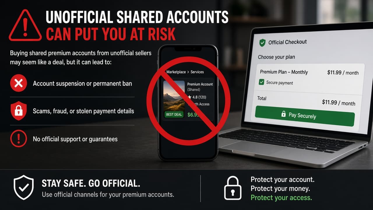 Warning to avoid unofficial shared Premium account sellers
