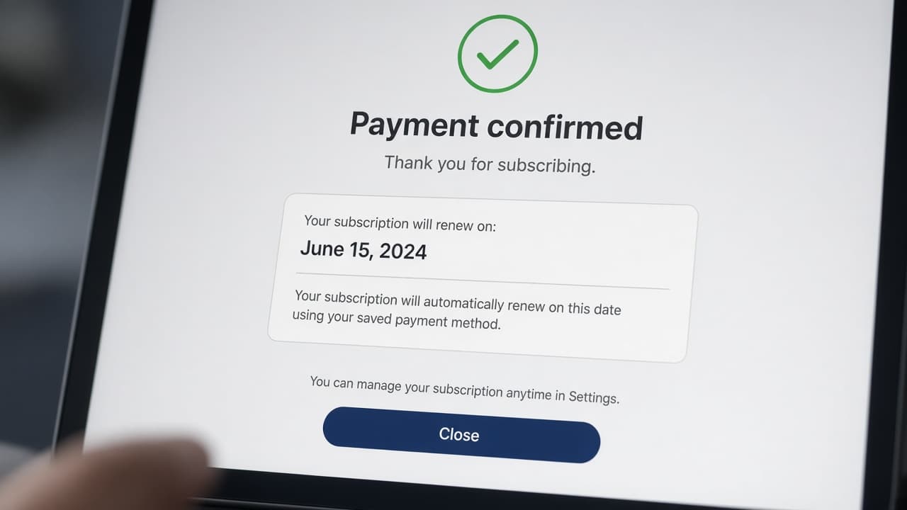 Payment confirmation screen with renewal date highlighted