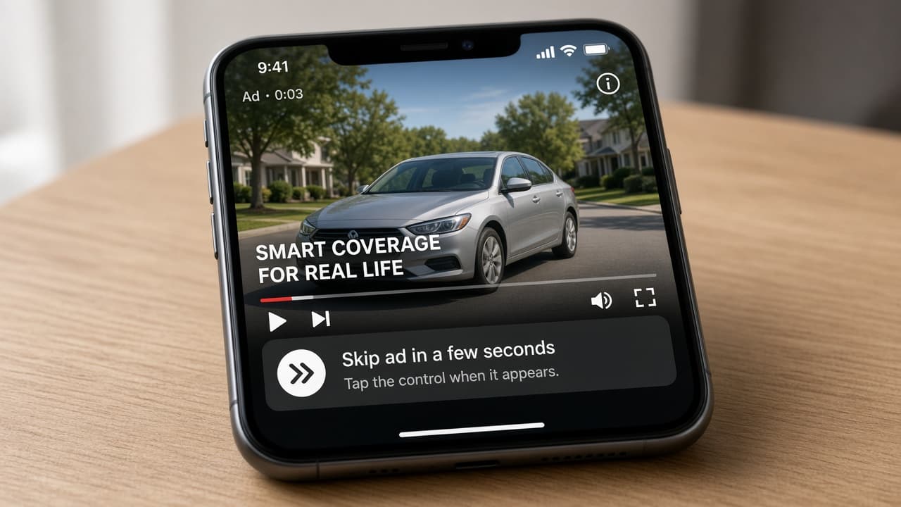 YouTube player showing a Skip ad control after a few seconds