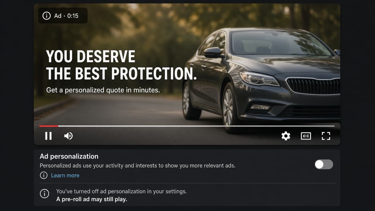 Ad personalization toggled off while a pre-roll still plays