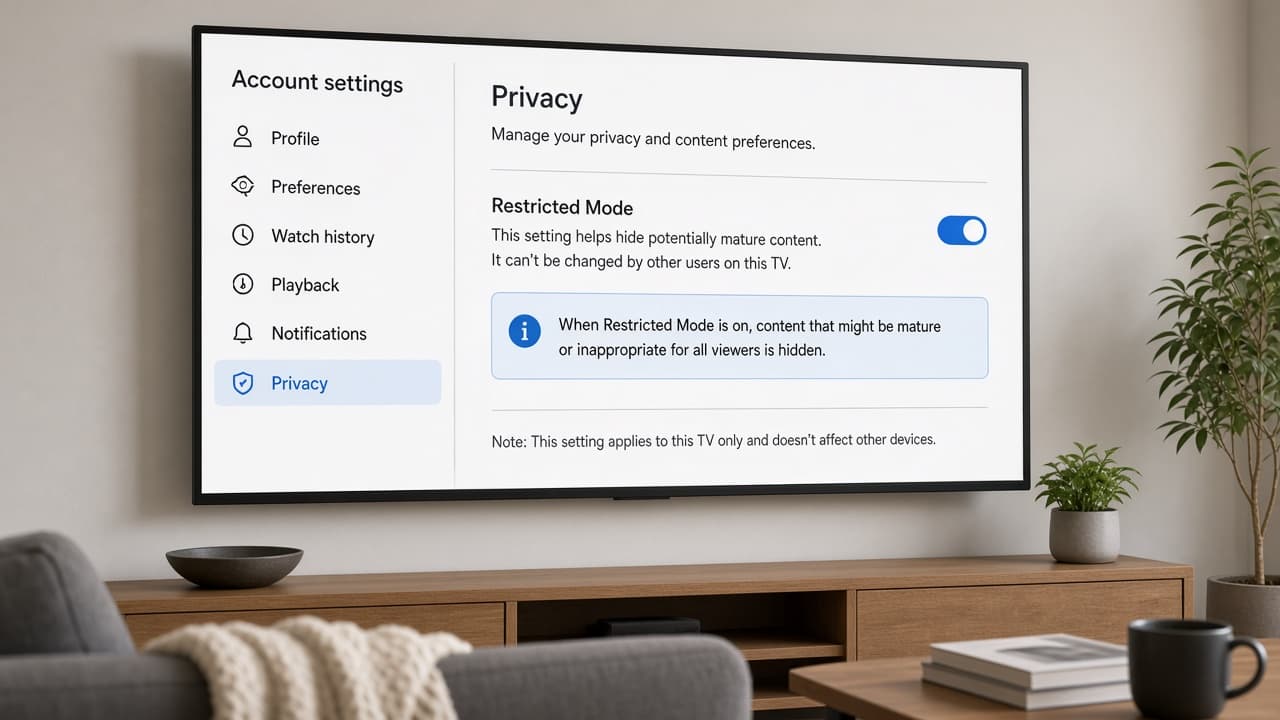 YouTube Restricted Mode toggle on a shared TV account