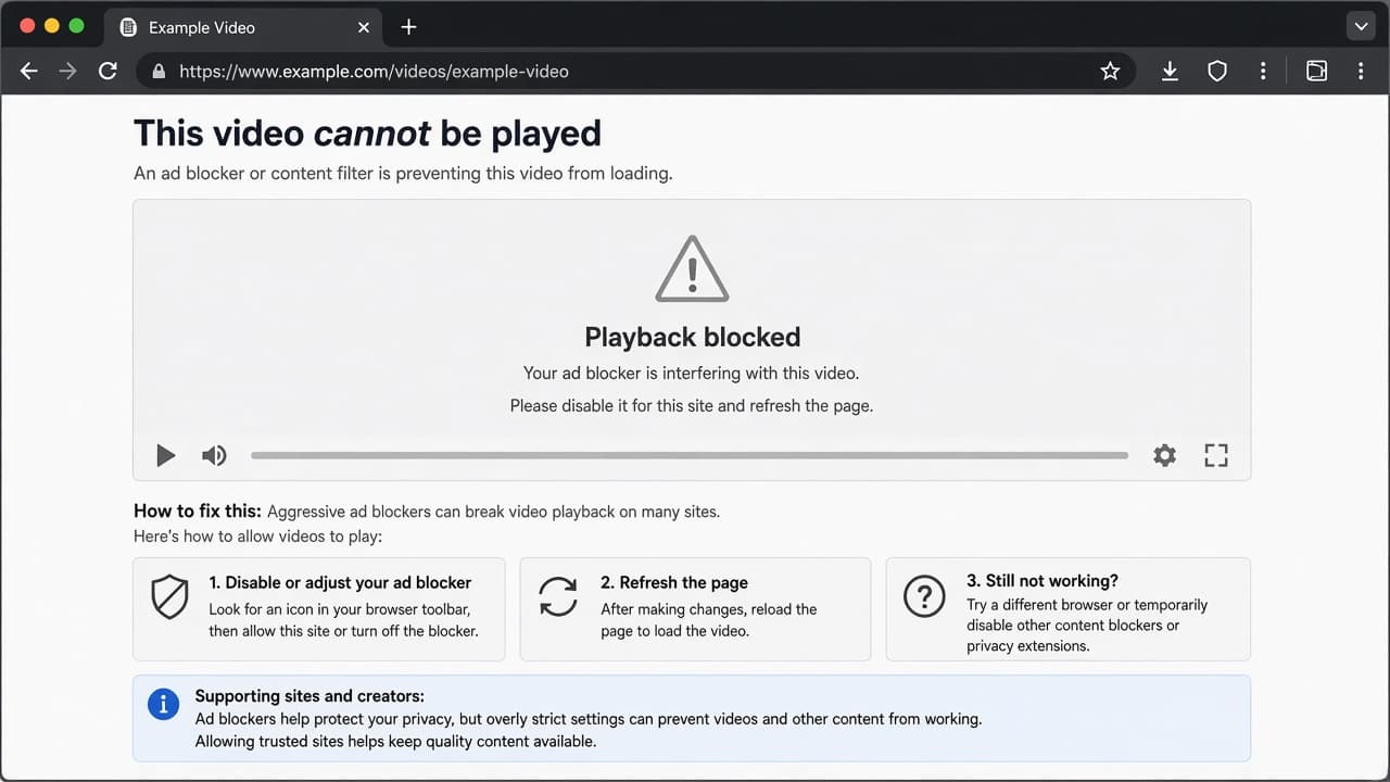 YouTube playback error after an aggressive blocker update