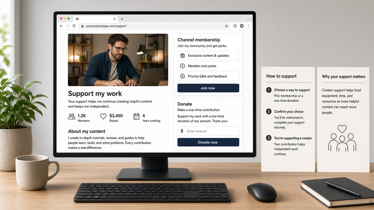 Channel membership and donate options beside a desktop browser