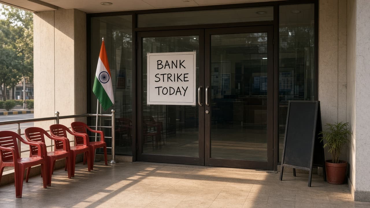 Indian bank branch entrance with a temporary bank strike notice on the doors