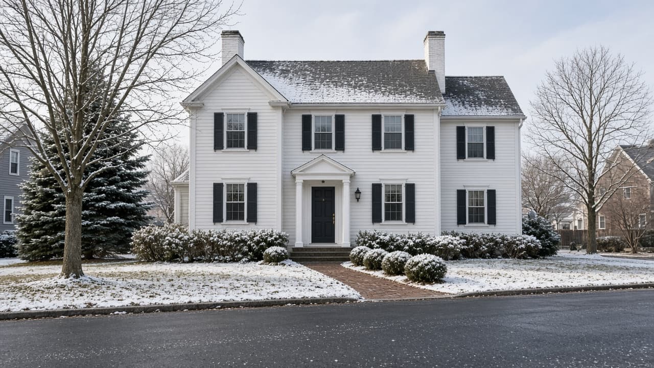 Illustrative exterior of a quiet New England suburban street