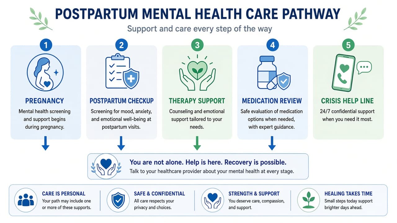 Educational diagram comparing postpartum depression and postpartum psychosis symptoms and care pathways