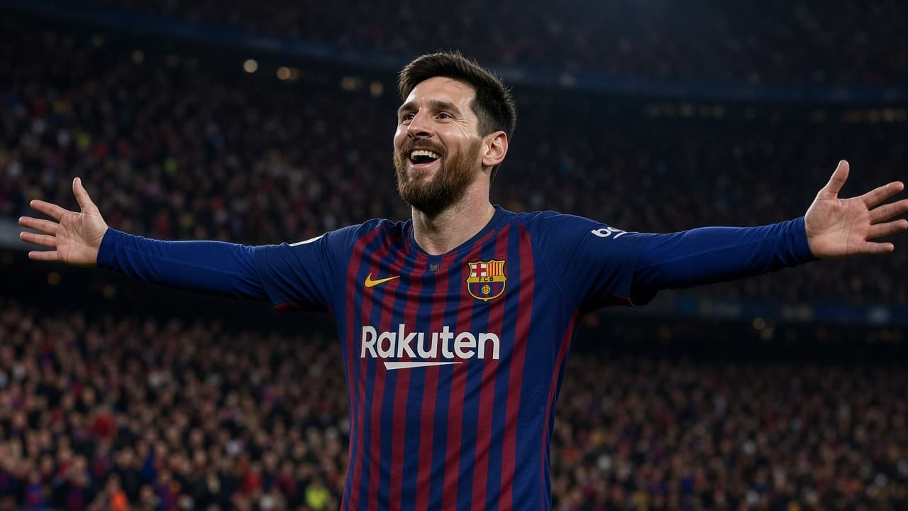 Illustrative Messi celebrating a goal in a Barcelona-era stadium
