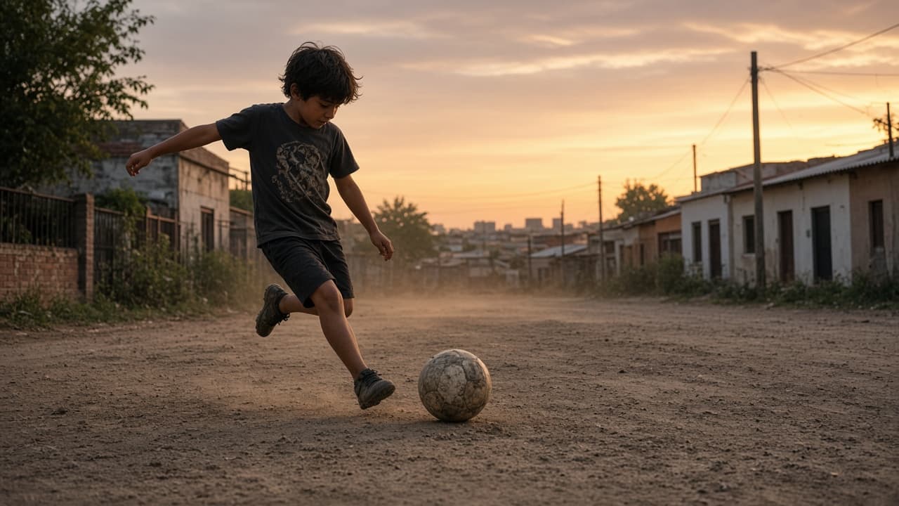 Illustrative childhood football scene on a dusty Rosario pitch