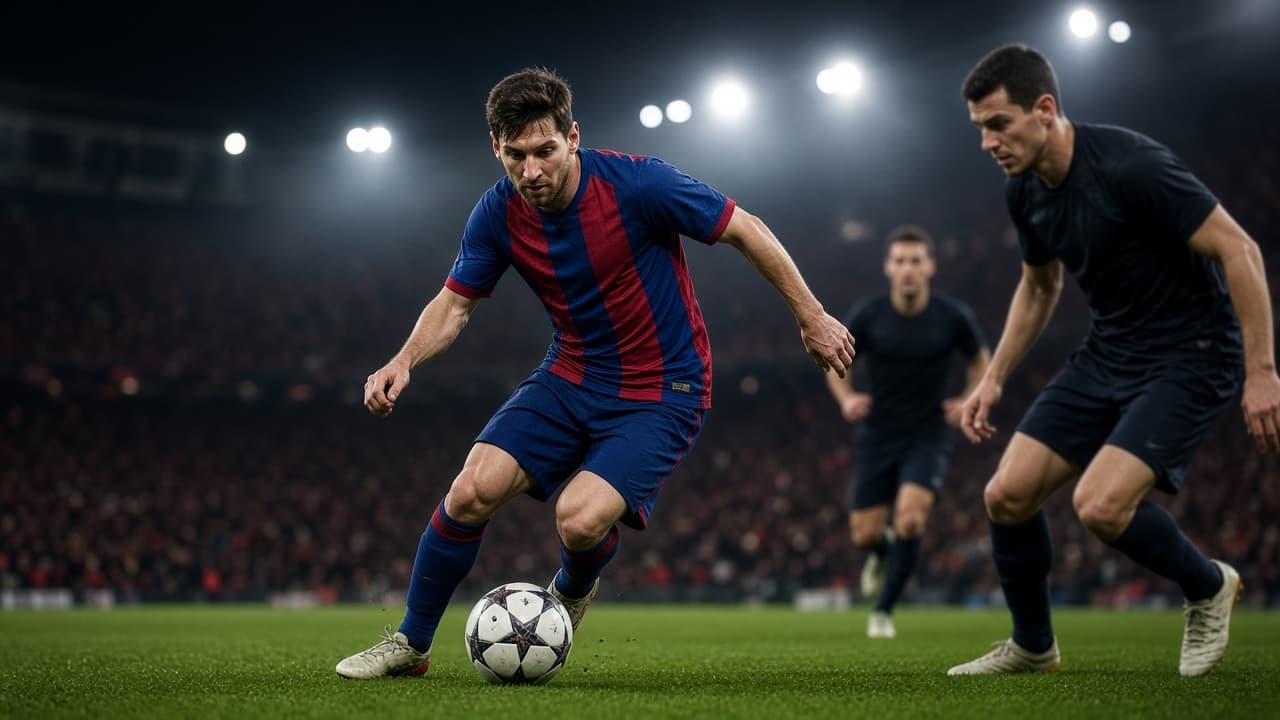Illustrative Messi dribbling through midfield under stadium lights
