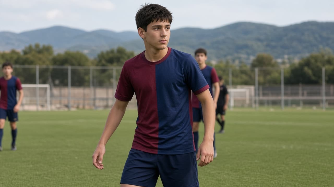 Illustrative teenage Messi training at Barcelona's La Masia