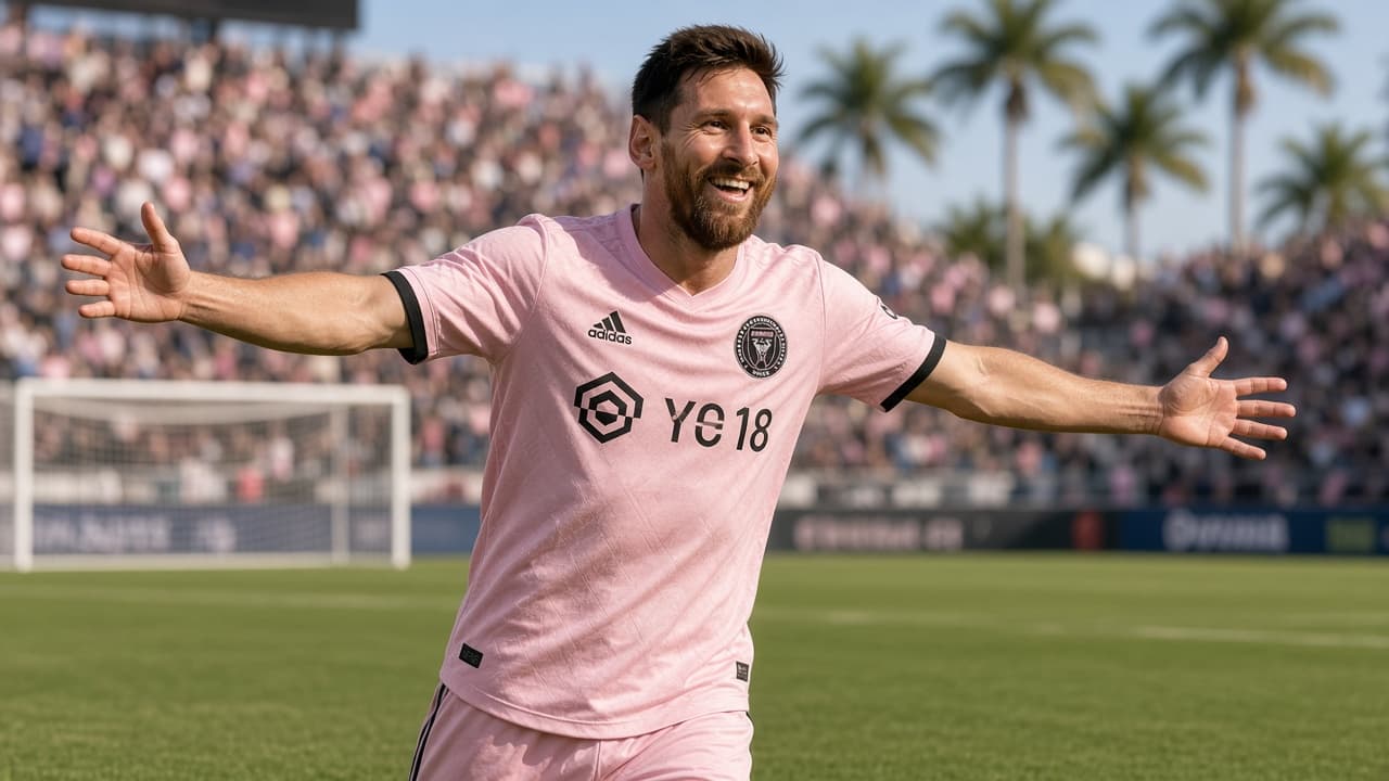 Illustrative Messi celebrating in an Inter Miami pink kit