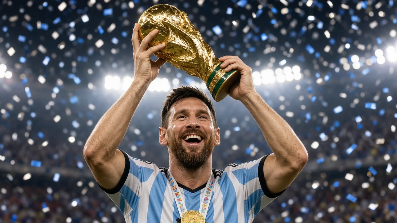 Illustrative Messi lifting the World Cup trophy in Argentina colors