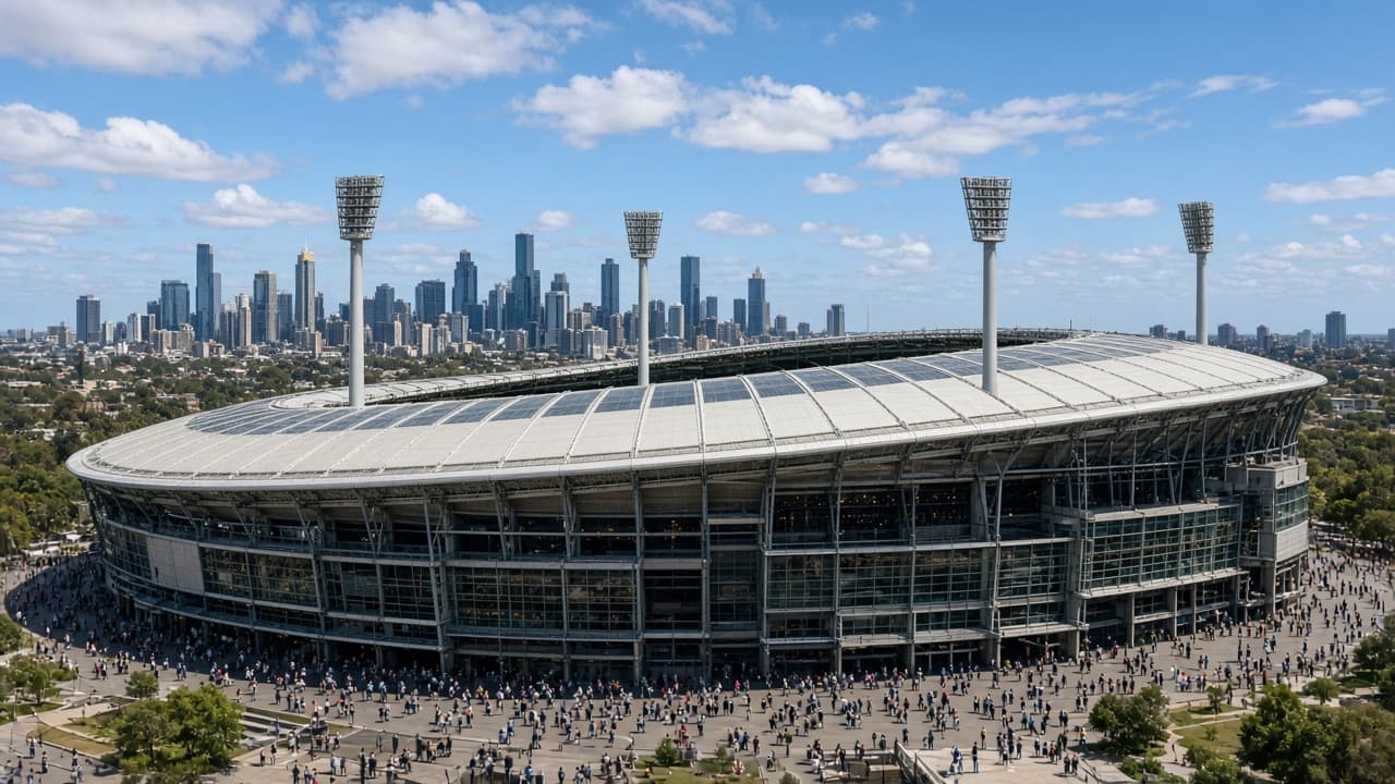 Melbourne Cricket Ground exterior on a bright event day