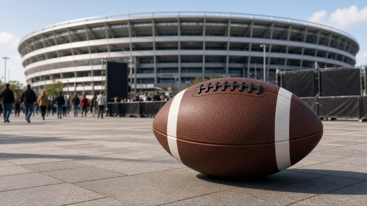 Giant American football display outside a large stadium plaza
