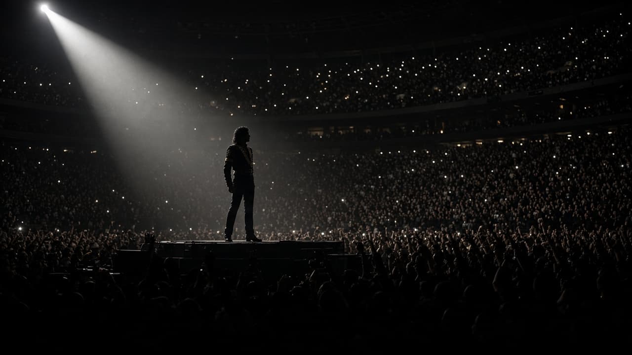 Illustrative scene of a stadium concert stage with a solo performer in a spotlight
