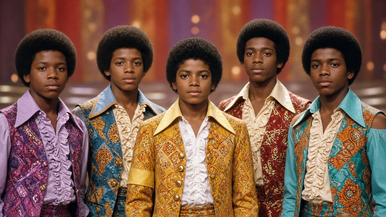 Illustrative scene of a 1970s family soul group performing on a television stage