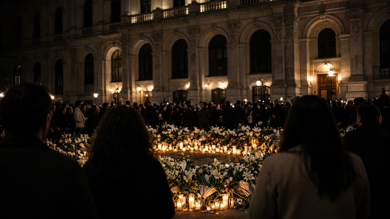 Illustrative scene of fans leaving flowers and candles at a public memorial