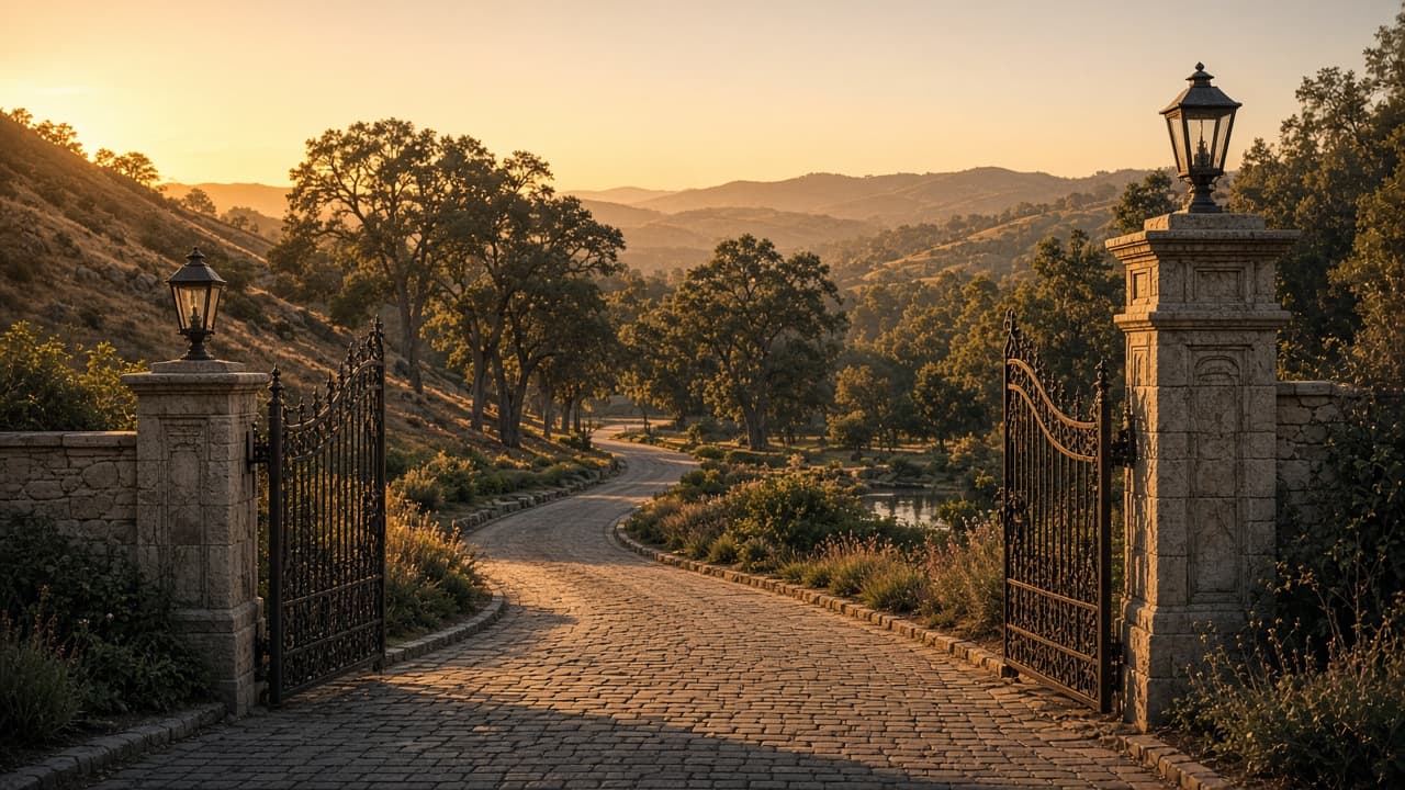 Illustrative view of ornate ranch gates on a rural California road