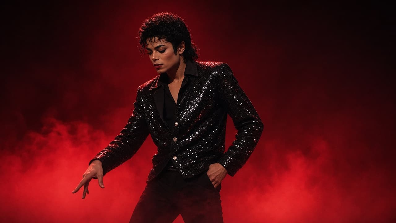 Illustrative scene of a performer in a red jacket mid-dance under stage lights