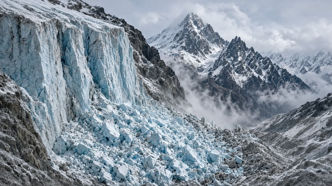 Illustrative view of a Himalayan glacier collapse into a valley