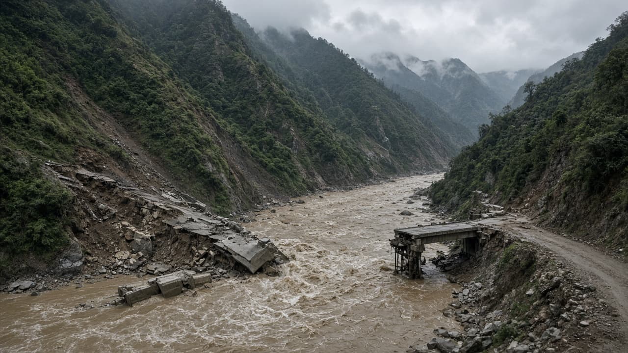 Illustrative view of a Himalayan river valley after a flash flood