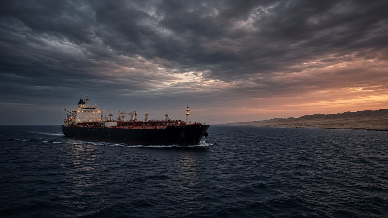 Oil tanker on open water at dusk with a distant arid coastline