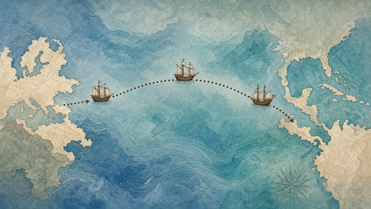 Educational map of the 1492 Atlantic route from Palos through the Canary Islands to the Bahamas