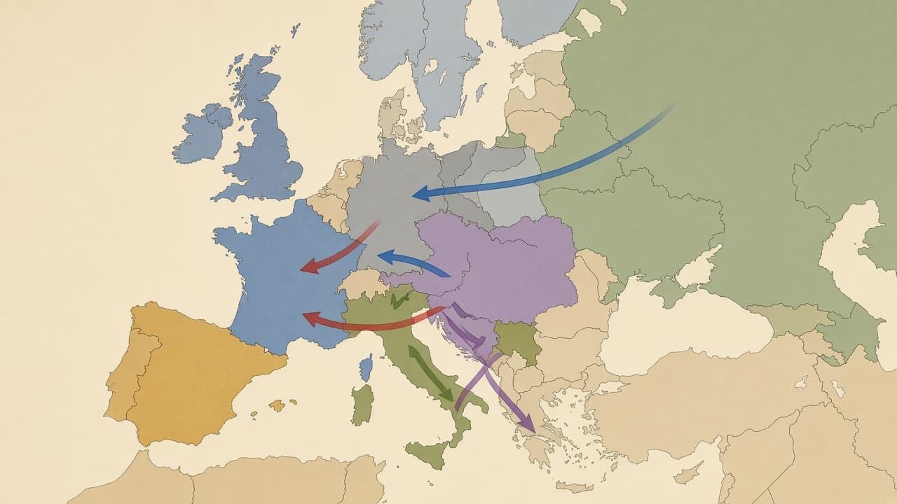 Educational map of Europe in 1914 showing the alliance blocs and the sequence of mobilizations and declarations of war