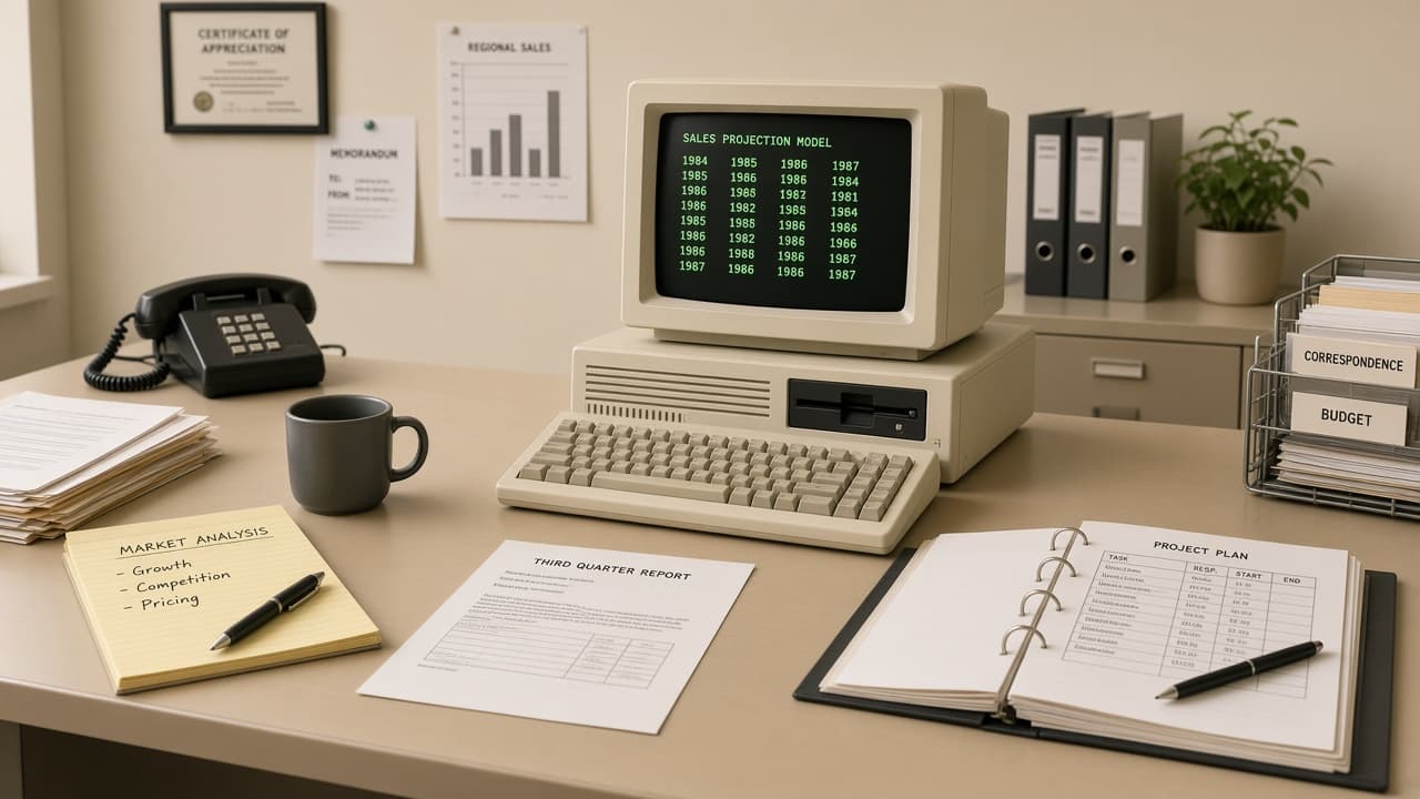 Illustrative 1980s office with early PC