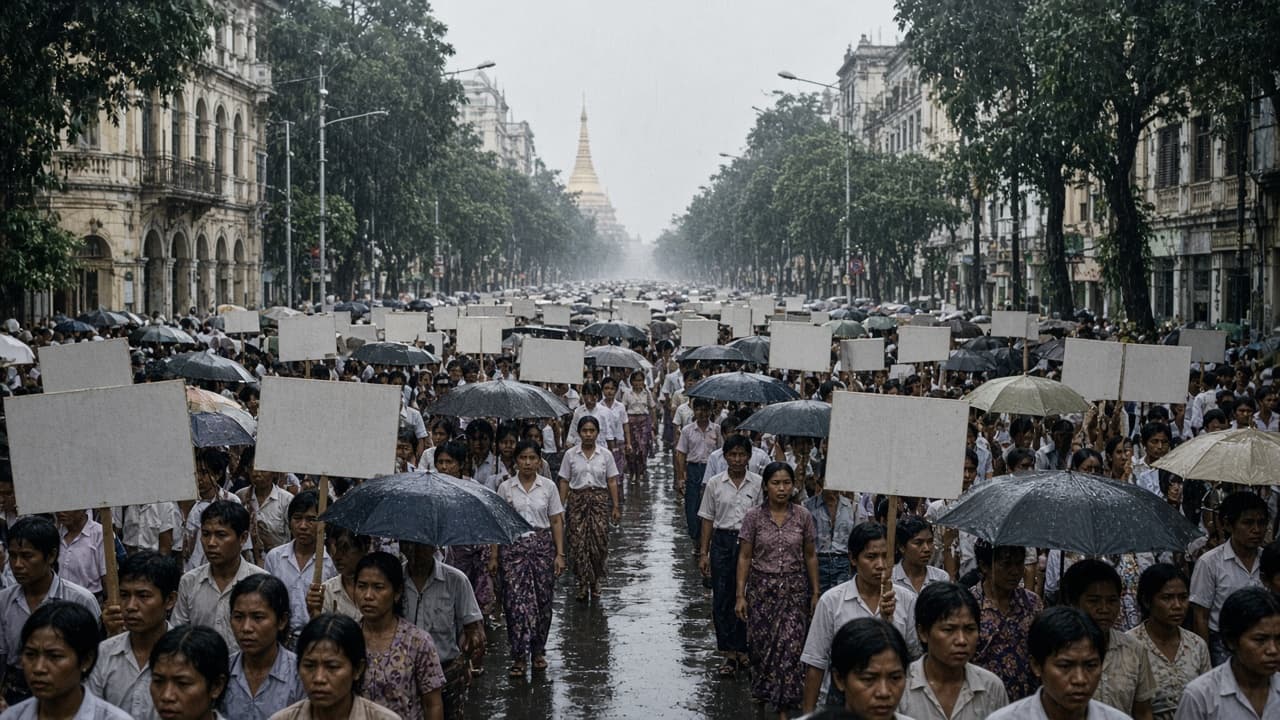 Illustrative view of a mass protest march through a Southeast Asian city street in 1988