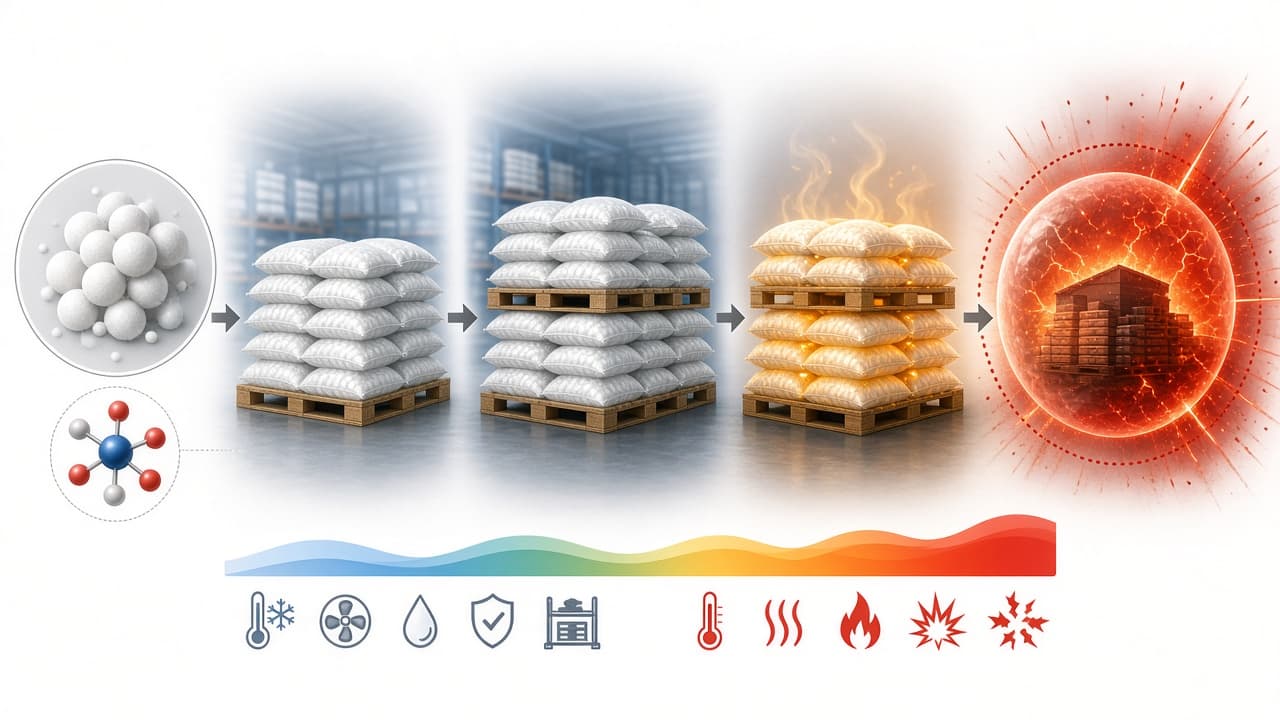 Educational diagram showing how heat, confinement and mass turn stored ammonium nitrate from a stable fertilizer into a detonation