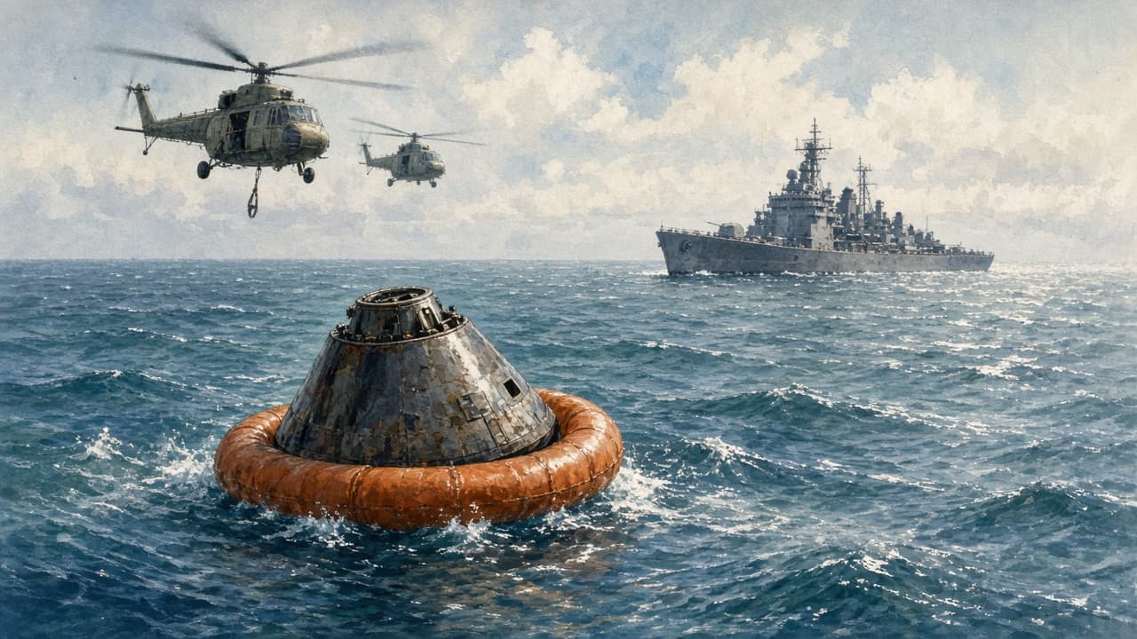 Illustrative view of the Apollo 11 command module descending under three parachutes toward the Pacific Ocean