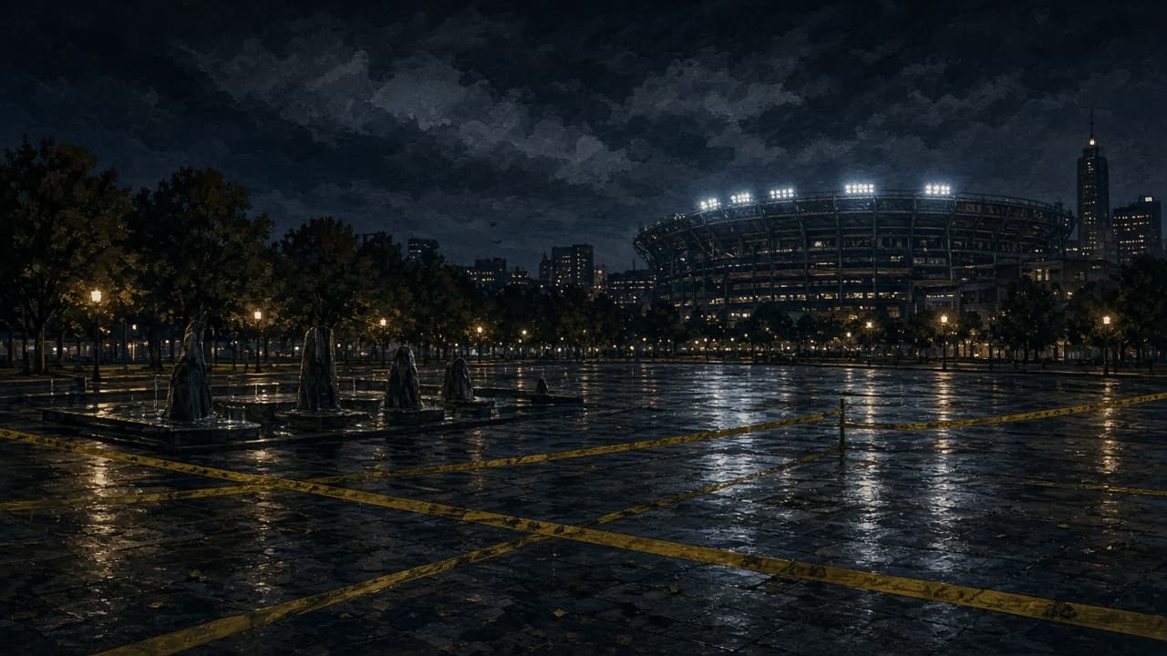 Illustrative night scene of Centennial Olympic Park in Atlanta with emergency lights after the 1996 bombing