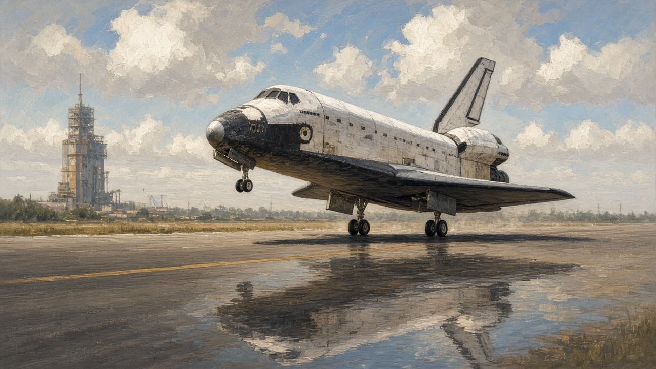 Illustrative view of the Space Shuttle Atlantis rolling to a stop on a runway before dawn